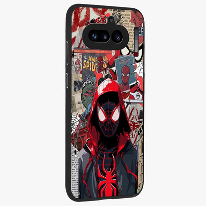 Spider Collage Street Glass Case upright view showcasing bold superhero artwork with urban street theme.