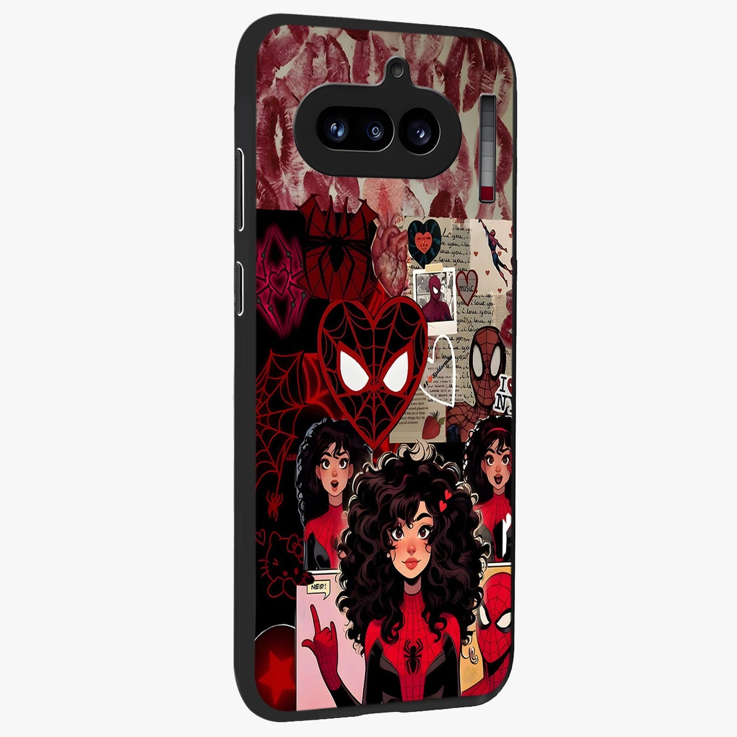 Spider Love Story Glass Case upright view showcasing charming superhero artwork with romantic comic theme.