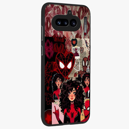 Spider Love Story Glass Case upright view showcasing charming superhero artwork with romantic comic theme.