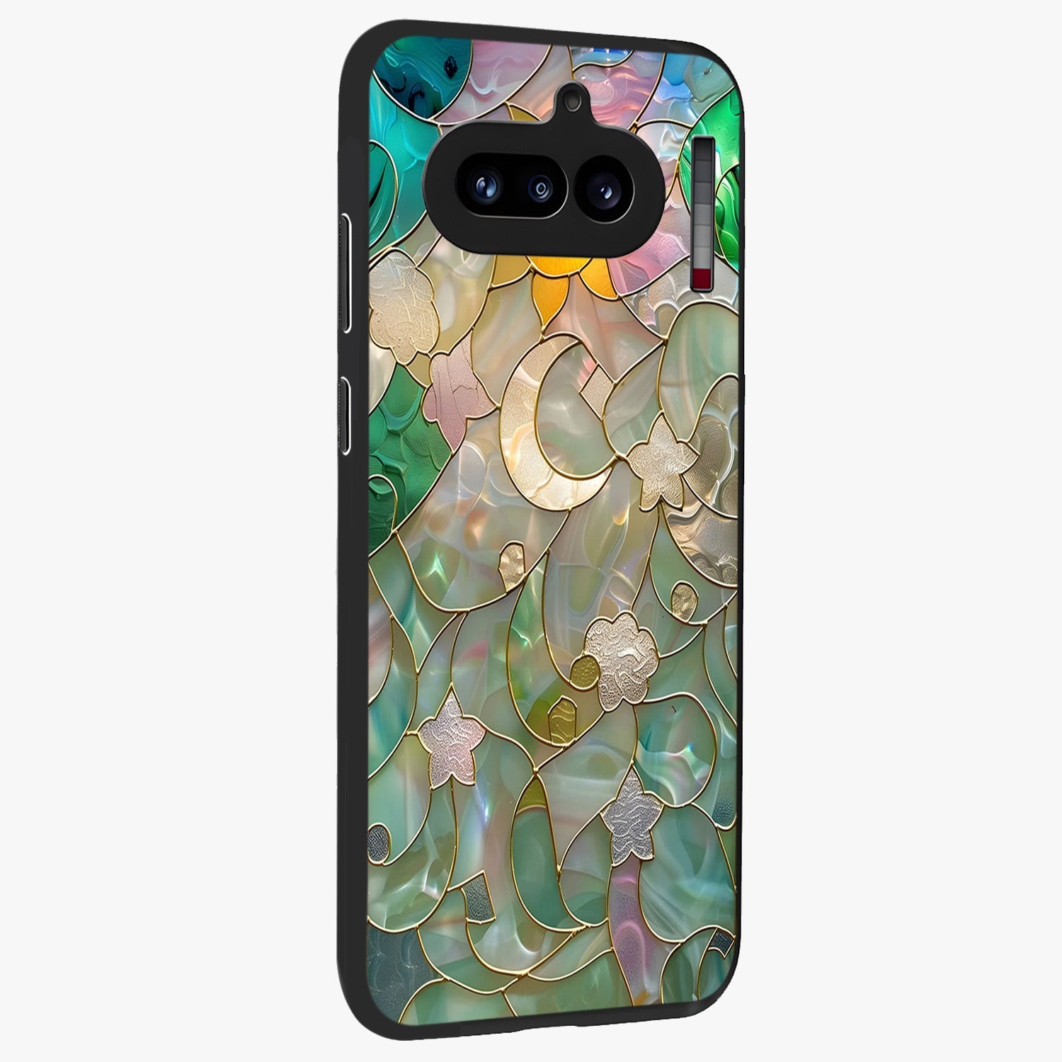Stained Sunrise Glow Glass Case upright view showcasing colorful sunrise artwork with warm morning theme.