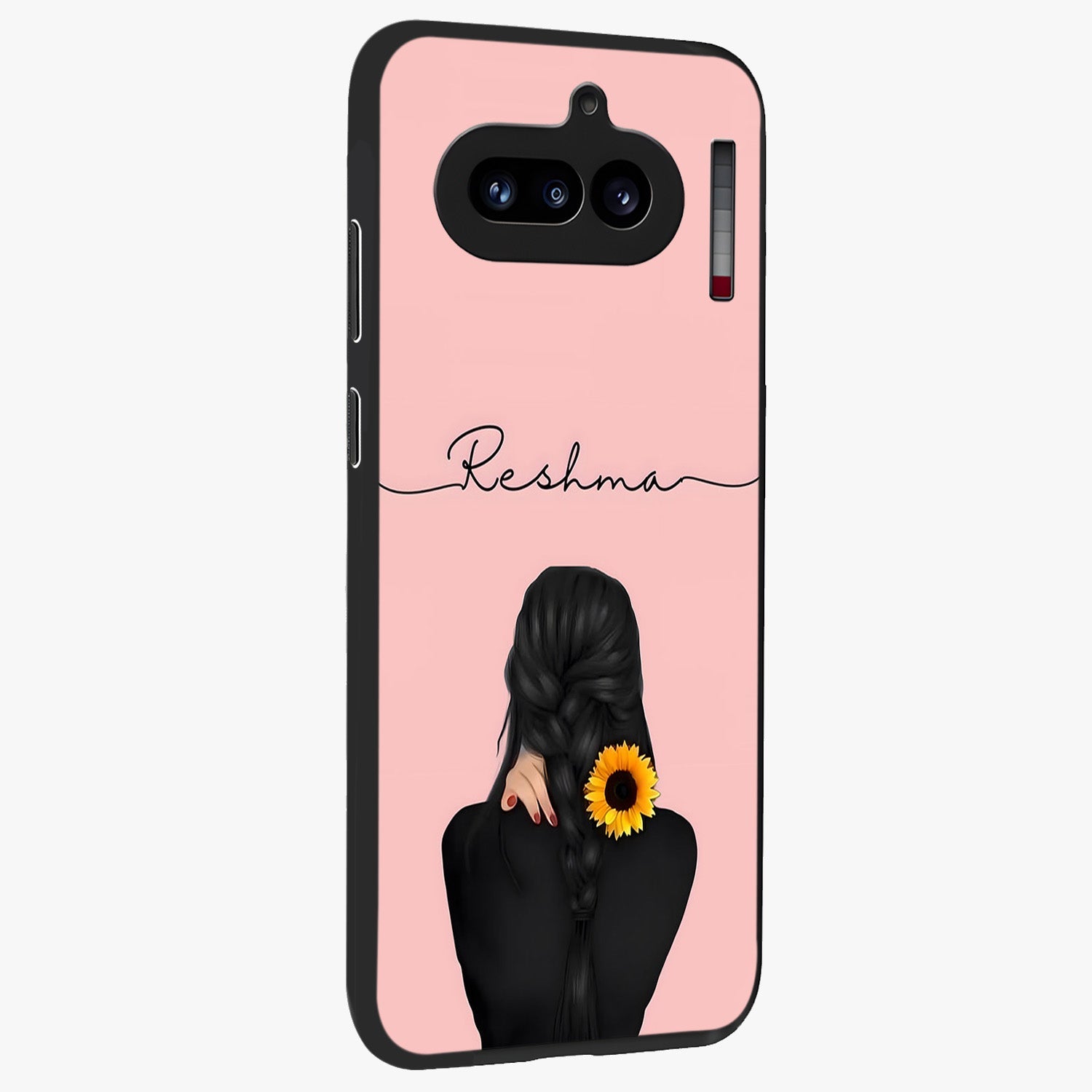 Sunflower Braid Beauty With Custom Name Glass Case upright view showcasing bright sunflower artwork with personalized floral aesthetic.