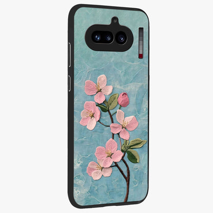 Threaded Blossom Breeze Glass Case upright view showcasing graceful flower artwork with calm botanical theme.
