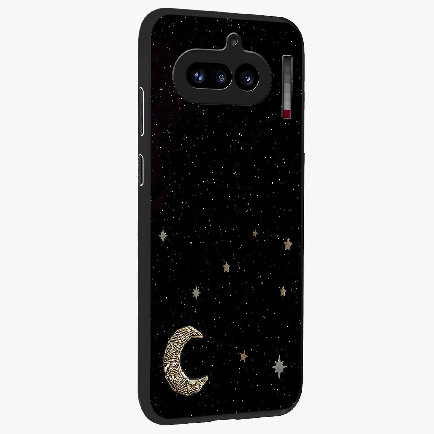 Twinkle Star With Half Moon Glass Case upright view showcasing glowing cosmic artwork with dreamy night theme.