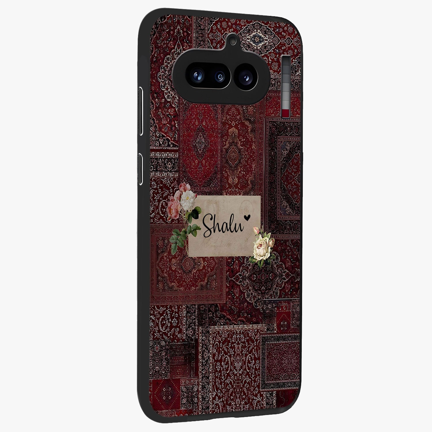Velvet Wine Pattern Custom Name Glass Case upright view showcasing luxurious wine toned artwork with personalized aesthetic.
