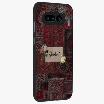 Velvet Wine Pattern Custom Name Glass Case upright view showcasing luxurious wine toned artwork with personalized aesthetic.