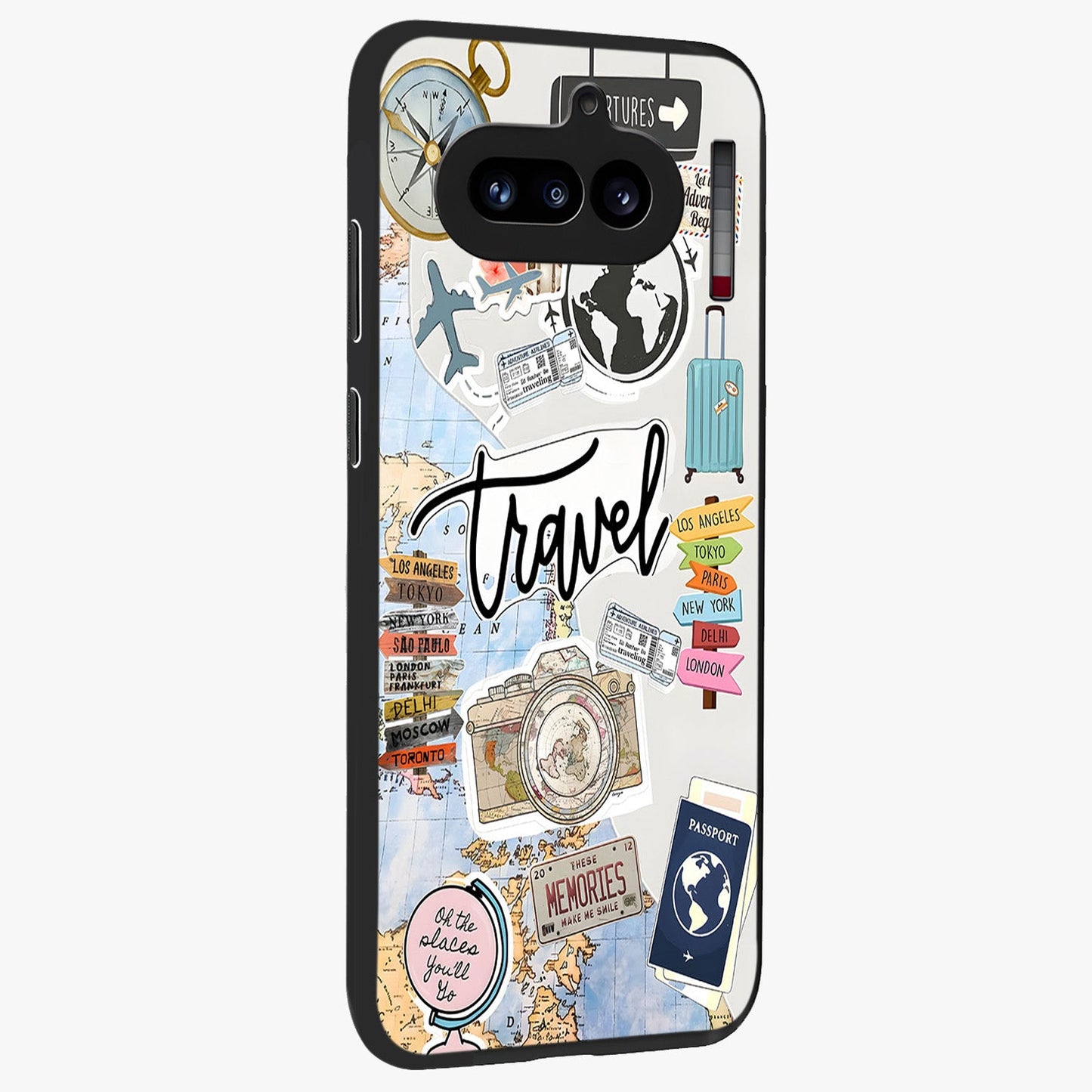 Wanderlust Journal Glass Case upright view showcasing wanderlust inspired artwork with creative exploration theme.
