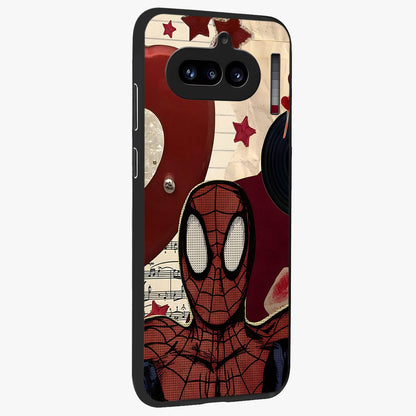 Web Warrior Vibes Glass Case upright view showcasing energetic superhero artwork with bold action theme.