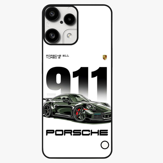 911 Turbo Dominance Glass Case showing clean flat back view with bold 911 sports car artwork and glossy glass finish.