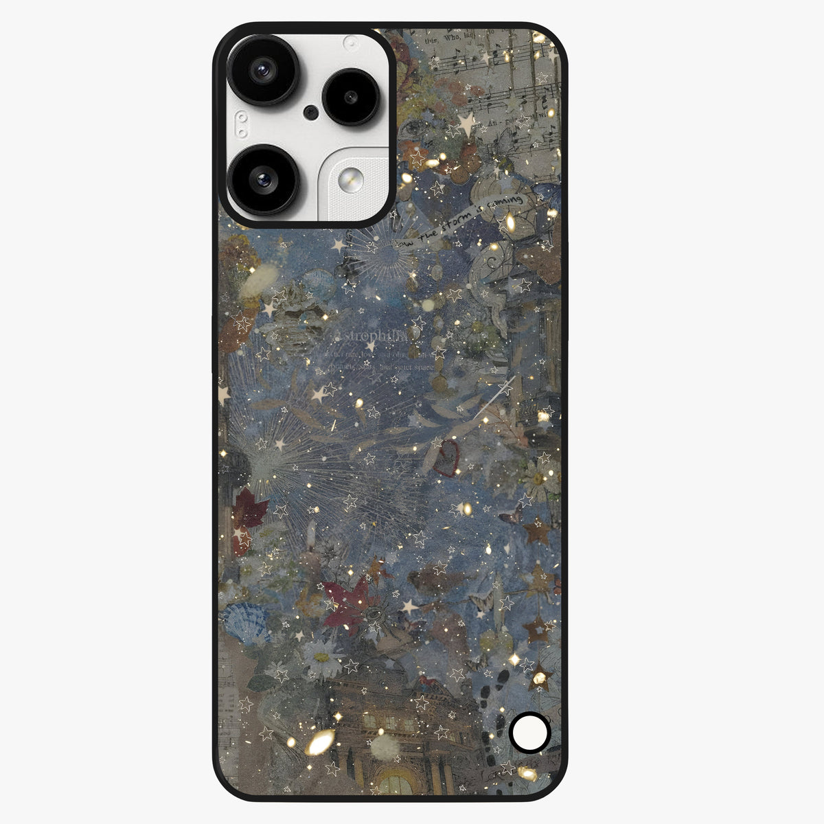 Aesthetic Astrolophia Glass Case showing flat back view with dreamy aesthetic design and glossy glass finish.