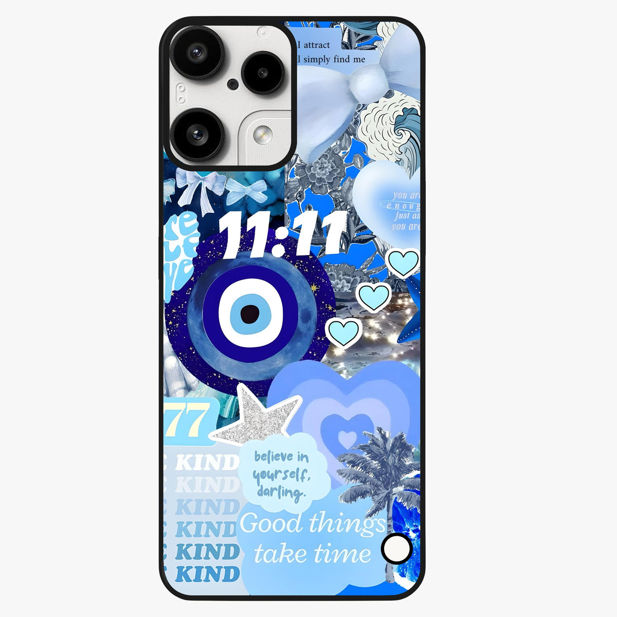 Aesthetic Be Kind Eye Glass Case showing flat back view with motivational eye artwork and glossy glass finish.