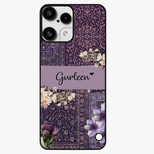 Antique Floral Whisper Custom Name Glass Case showing flat back view with vintage floral artwork and personalized name design.