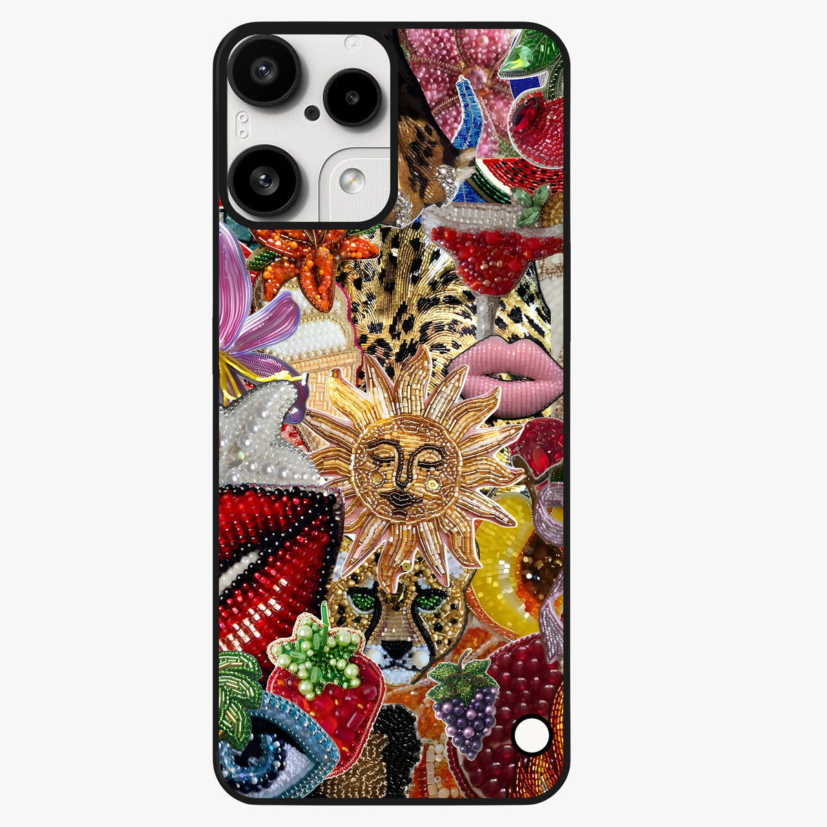Beaded Fashion Jungle Glass Case showing flat back view with vibrant jungle inspired bead artwork and glossy glass finish.