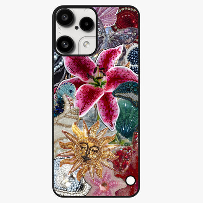 Beaded Garden Fantasy Glass Case showing flat back view with dreamy garden bead artwork and glossy glass finish.