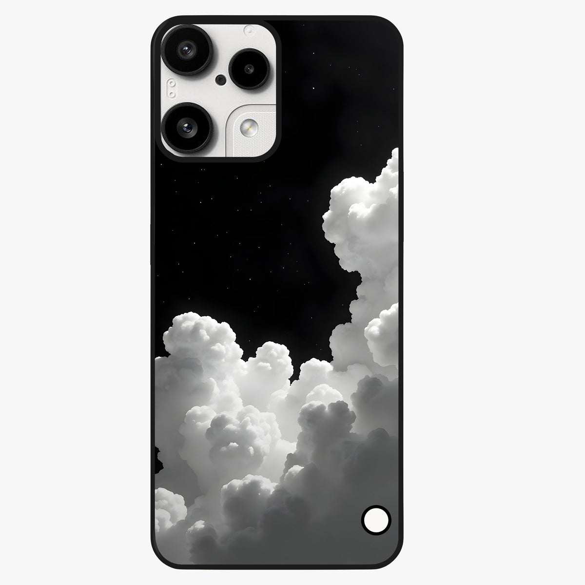 Black Background With White Cloud Glass Case showing flat back view with minimal cloud artwork on dark background and glossy glass finish.