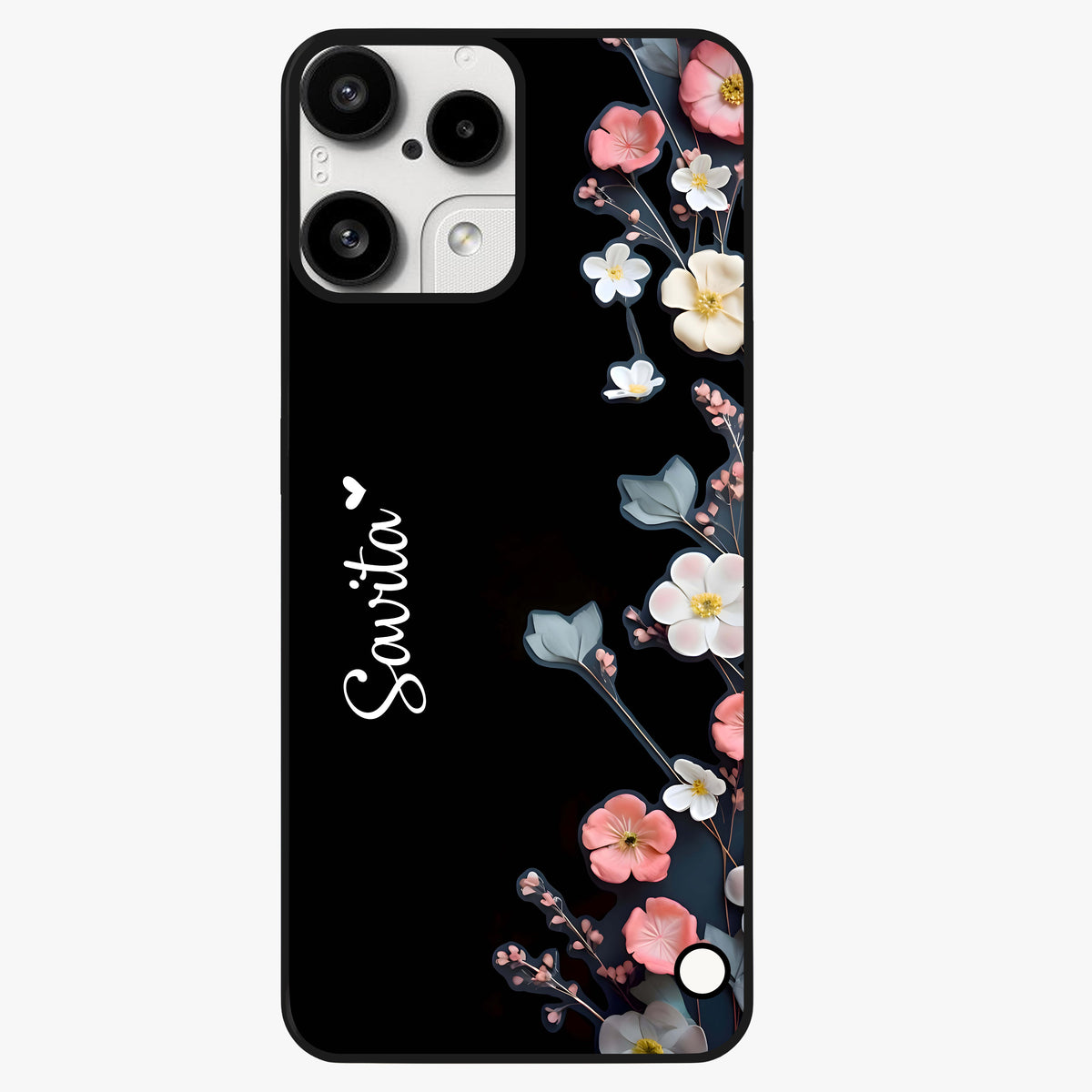 Black Elegance Floral Custom Name Glass Case showing flat back view with elegant floral artwork and personalized name design.