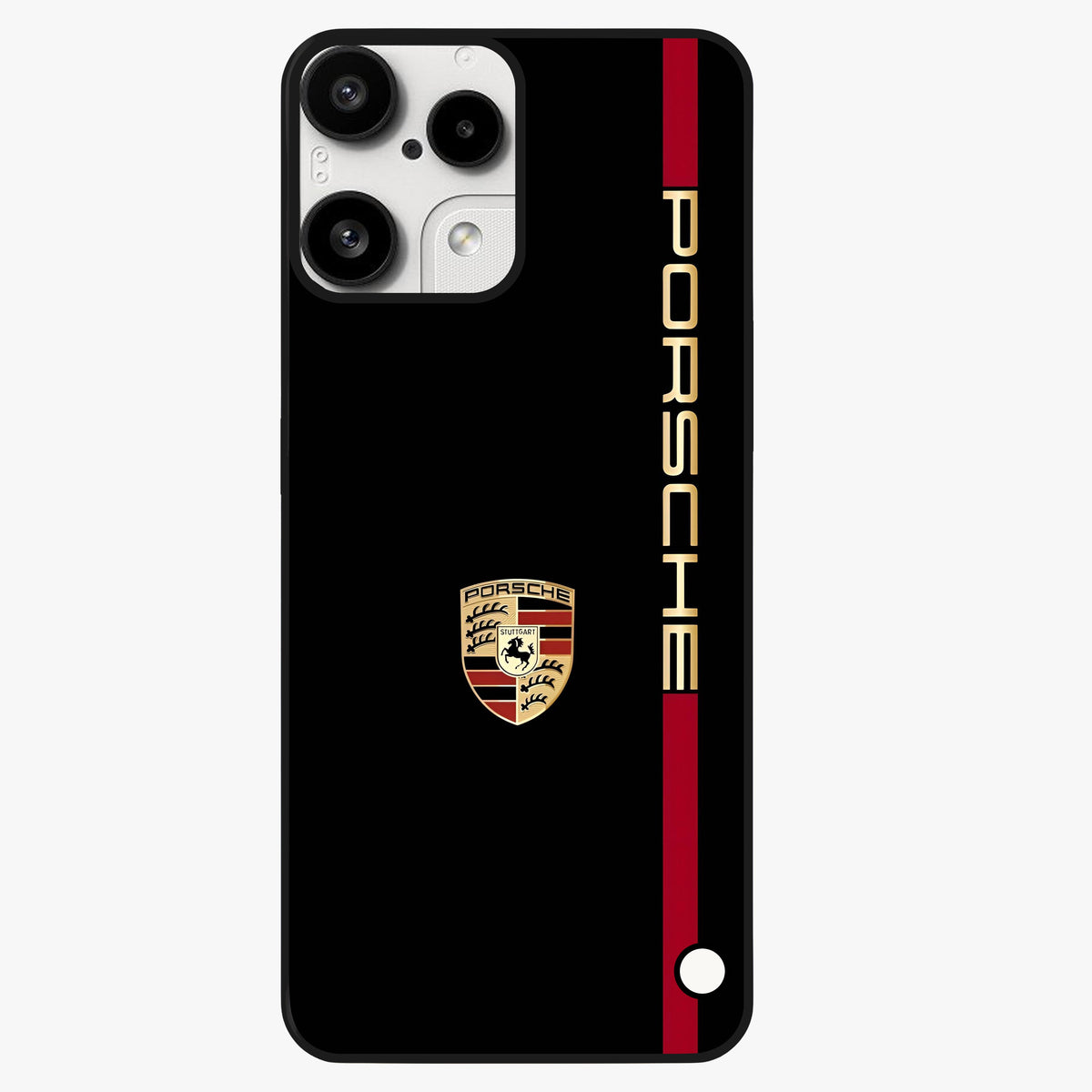 Black Minimal Porsche Glass Case showing flat back view with sleek minimal sports car artwork and glossy glass finish.