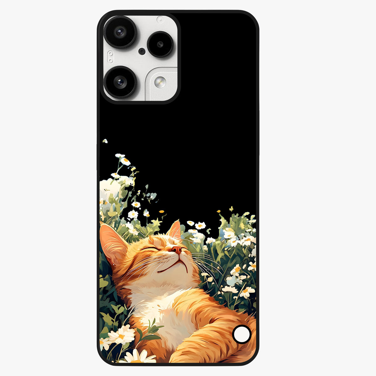 Blissful Bloom Cat Glass Case showing flat back view with cute cat and floral bloom artwork and glossy glass finish.