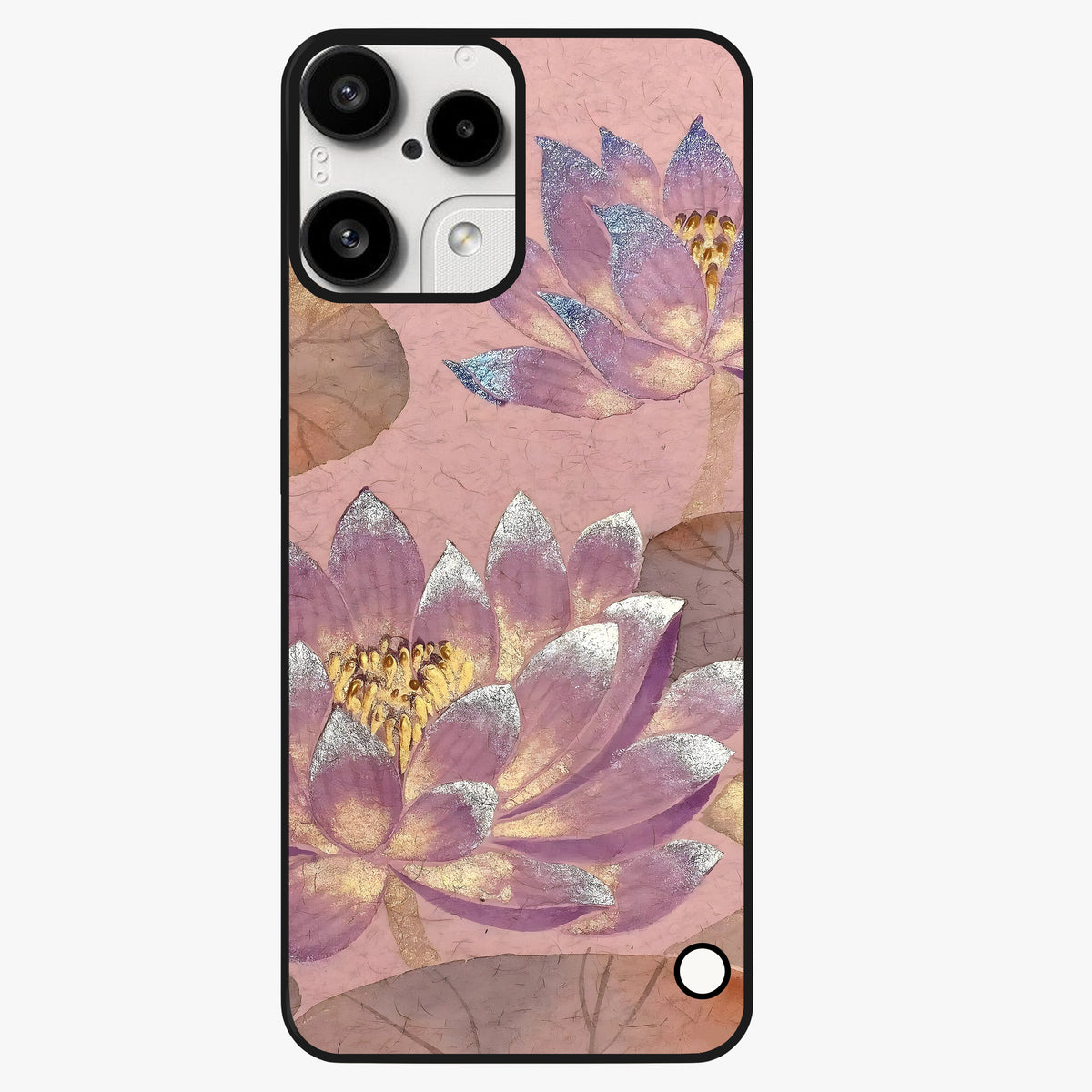 Blossom Mist Lotus Glass Case showing flat back view with serene lotus blossom artwork and glossy glass finish.
