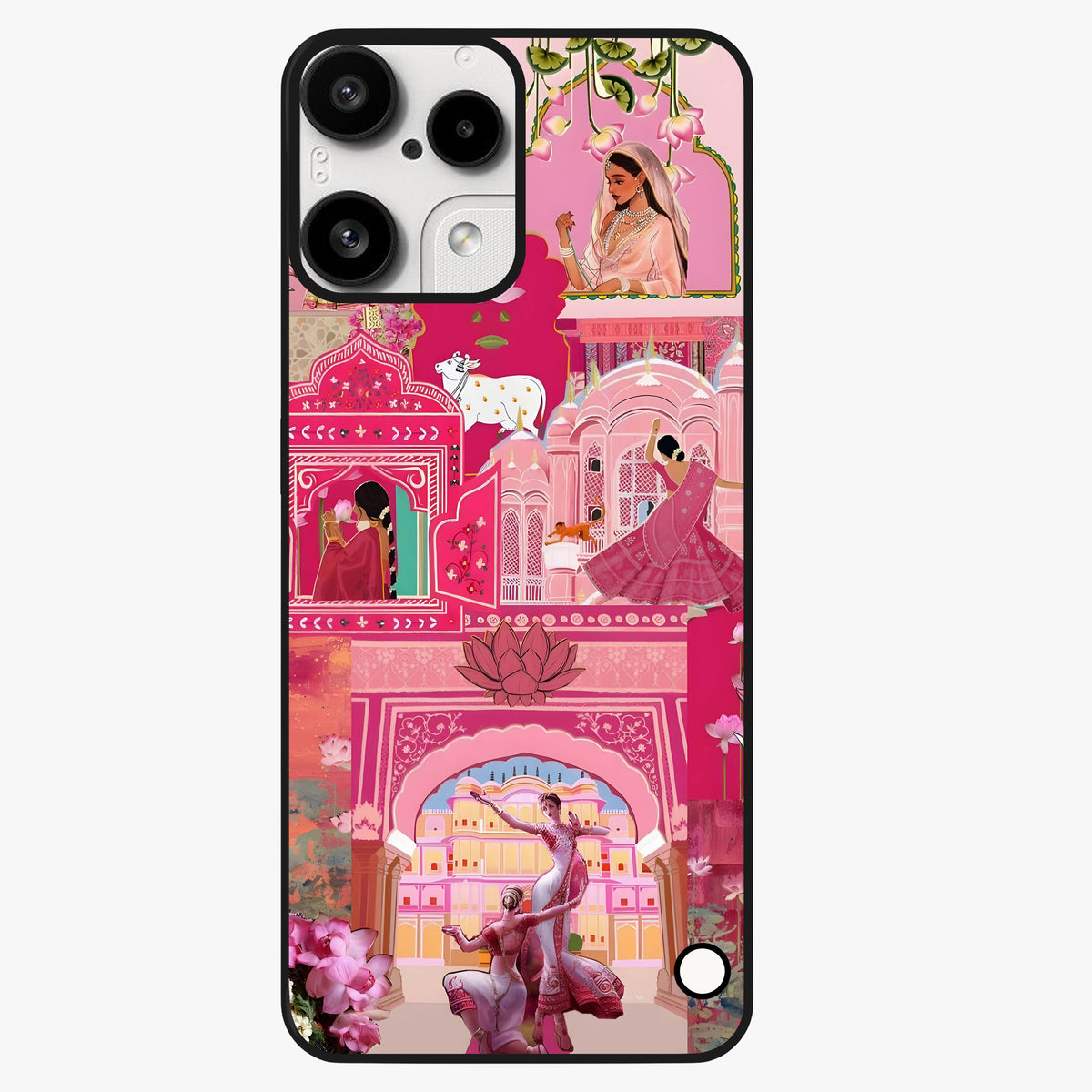 Blossoms of Rajasthan Glass Case showing flat back view with traditional floral artwork inspired by Rajasthan and glossy glass finish.