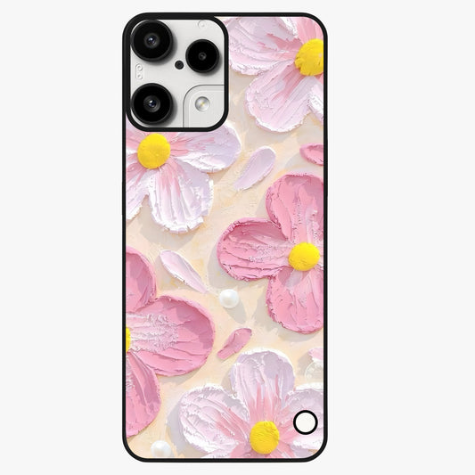 Blush Bloom Texture Glass Case showing flat back view with soft blush floral texture artwork and glossy glass finish.