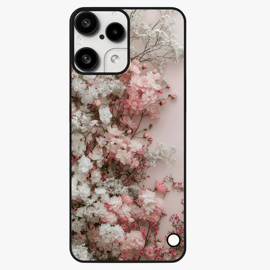 Blush Blossom Cloud Glass Case showing flat back view with dreamy blush cloud blossom artwork and glossy glass finish.
