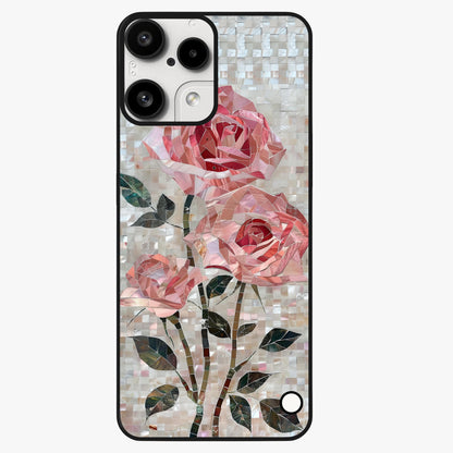 Blush Mosaic Bloom Glass Case showing flat back view with mosaic floral bloom artwork and glossy glass finish.