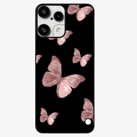 Butterfly Pattern Glass Case showing flat back view with elegant butterfly pattern artwork and glossy glass finish.