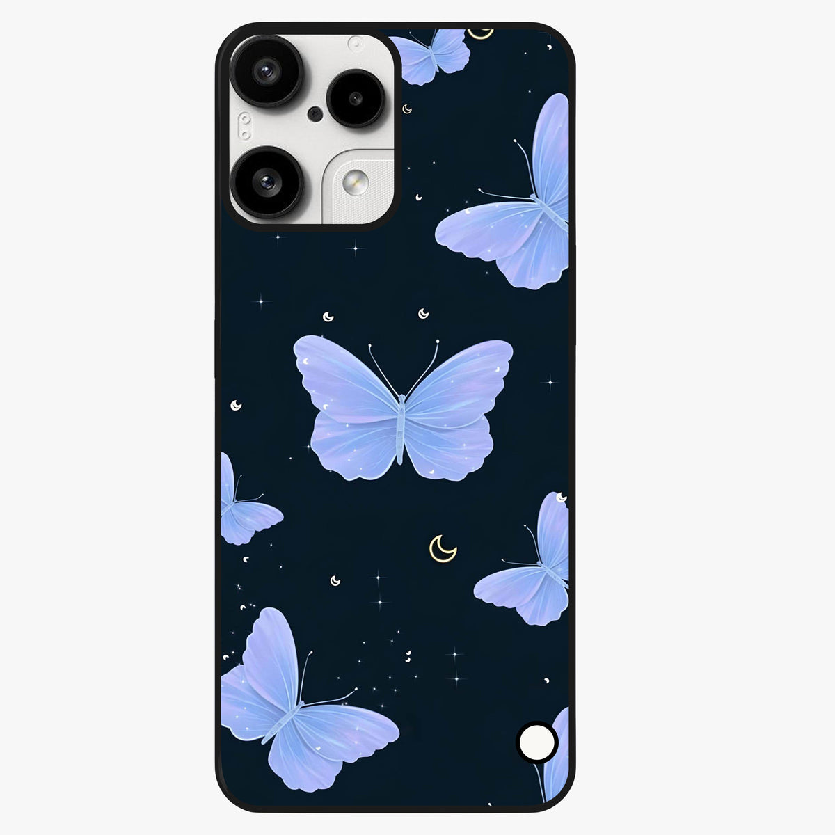 Butterfly With Stars Pattern Glass Case showing flat back view with butterfly and star pattern artwork and glossy glass finish.
