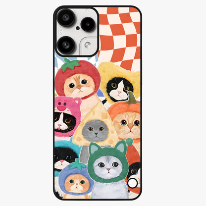 Cats in Fruits Glass Case showing flat back view with playful cat illustrations inside fruit artwork and glossy glass finish.