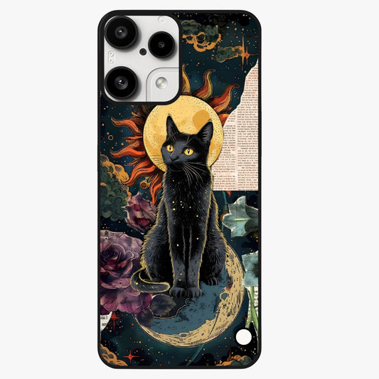 Celestial Black Cat Glass Case showing flat back view with mystical black cat artwork and glossy glass finish.
