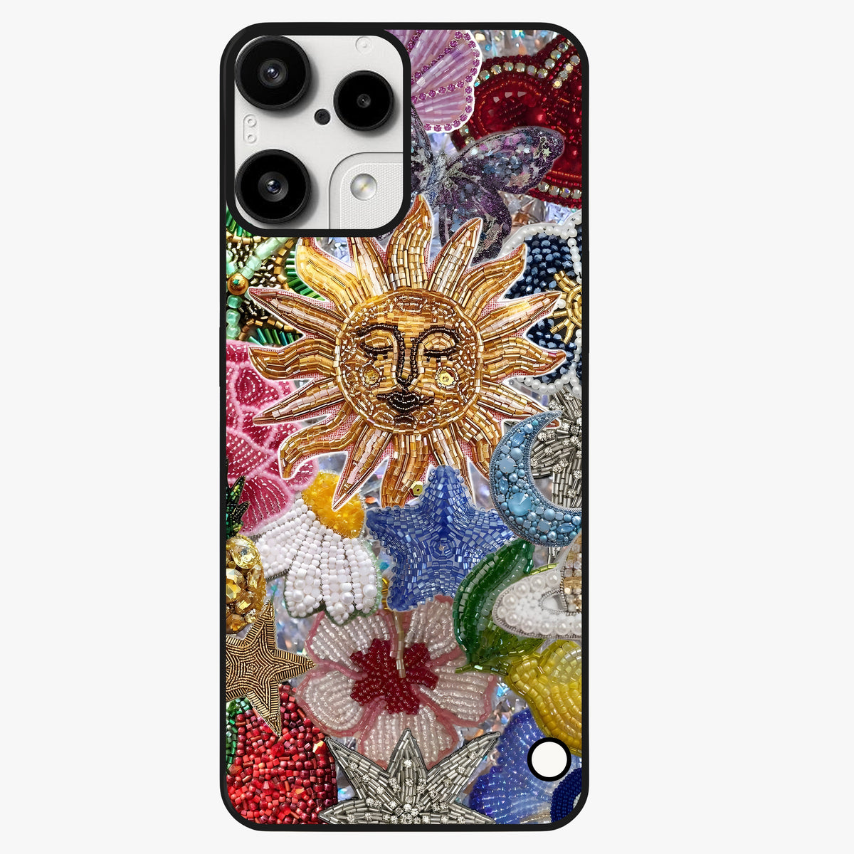 Celestial Floral and Playful Glass Case showing flat back view with floral and celestial themed artwork and glossy glass finish.