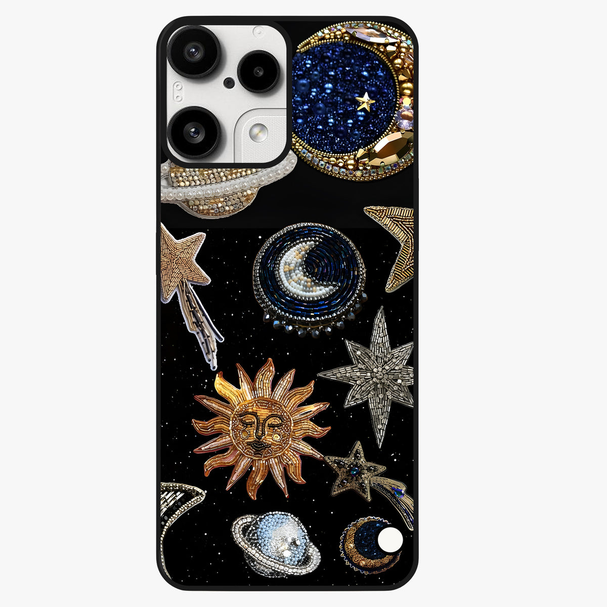 Celestial Gem Constellations Glass Case showing flat back view with sparkling constellation artwork and glossy glass finish.