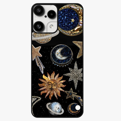 Celestial Gem Constellations Glass Case showing flat back view with sparkling constellation artwork and glossy glass finish.