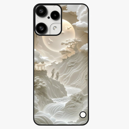 Celestial Origami Glass Case showing flat back view with artistic origami inspired celestial artwork and glossy glass finish.