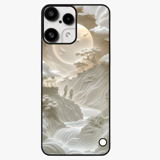 Celestial Origami Glass Case showing flat back view with artistic origami inspired celestial artwork and glossy glass finish.