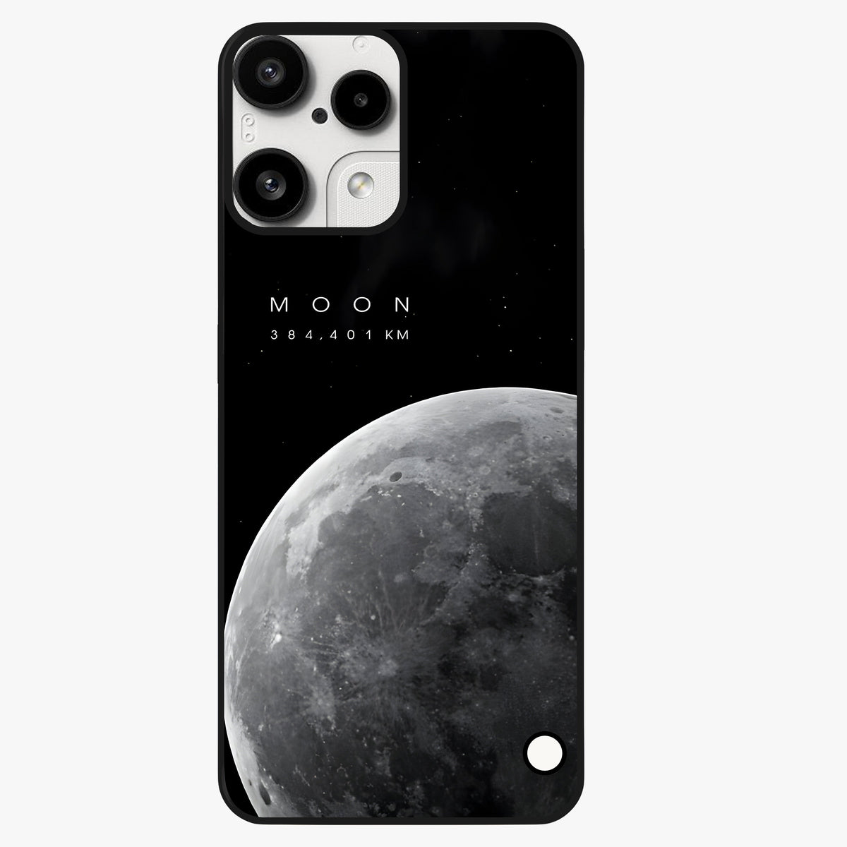 Cosmic Moon Glow Glass Case showing flat back view with glowing moon artwork and glossy glass finish.
