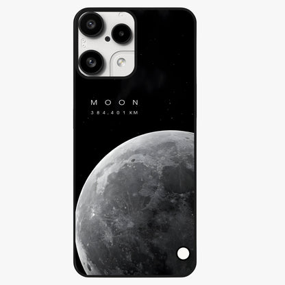 Cosmic Moon Glow Glass Case showing flat back view with glowing moon artwork and glossy glass finish.