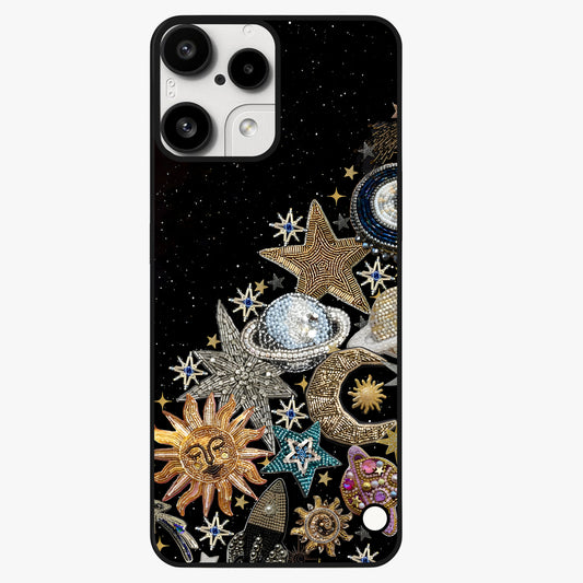 Cosmic Sparkle Dreams Glass Case showing flat back view with sparkling cosmic artwork and glossy glass finish.