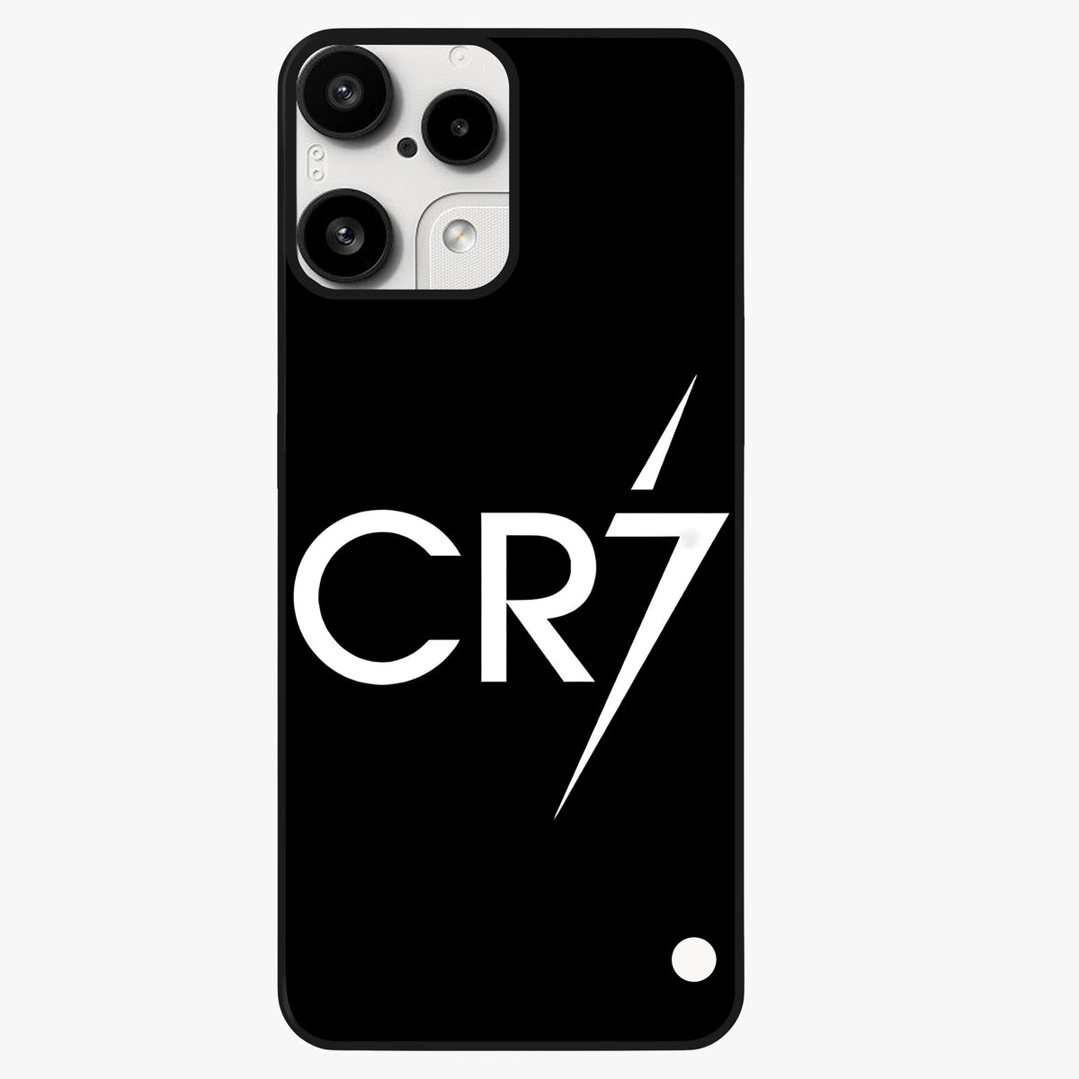 Cr7 Elite Strike Glass Case showing flat back view with dynamic football inspired artwork and glossy glass finish.