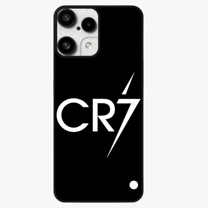 Cr7 Elite Strike Glass Case showing flat back view with dynamic football inspired artwork and glossy glass finish.