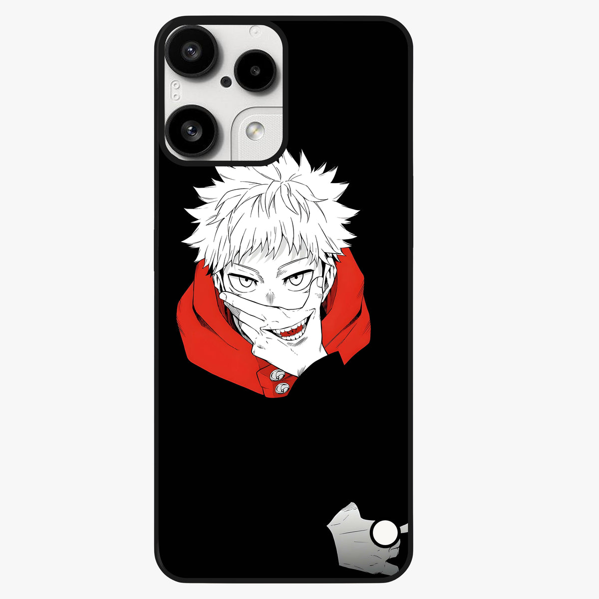 Crimson Chaos Smile Glass Case showing flat back view with bold chaotic smile artwork and glossy glass finish.