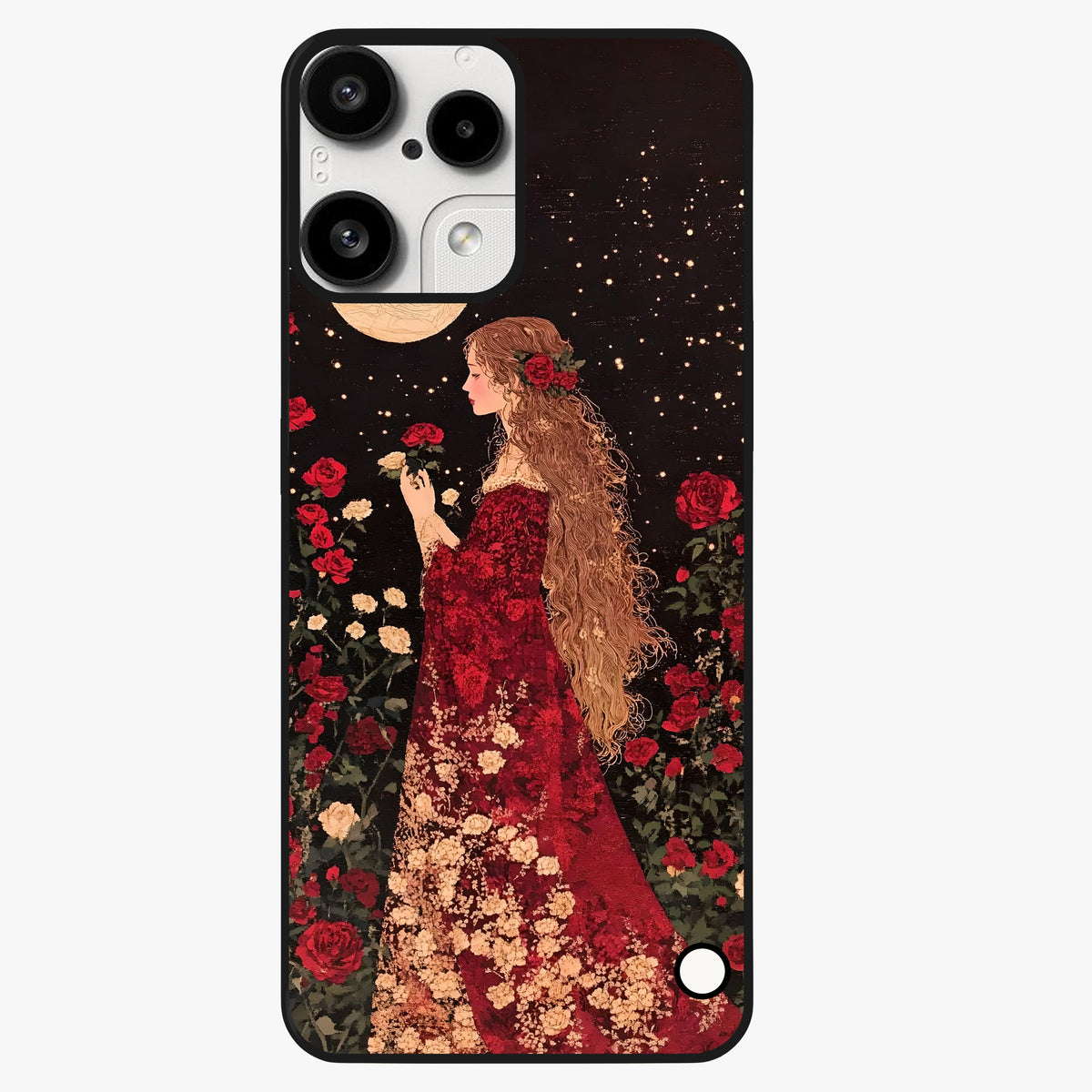 Crimson Dreams Glass Case showing flat back view with dreamy crimson artwork and glossy glass finish.