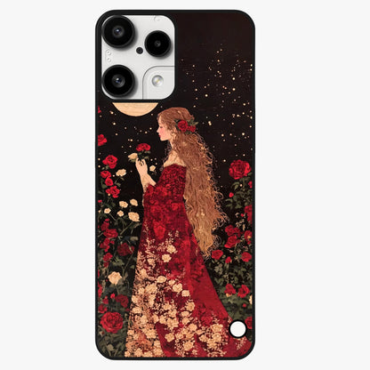 Crimson Dreams Glass Case showing flat back view with dreamy crimson artwork and glossy glass finish.