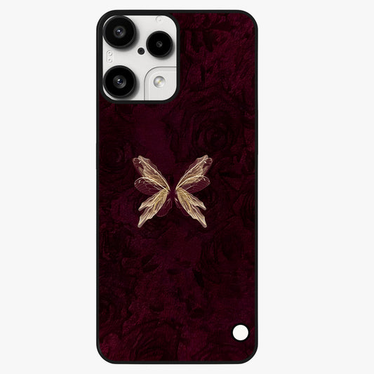 Crimson Fade Butterfly Glass Case showing flat back view with fading butterfly artwork and glossy glass finish.