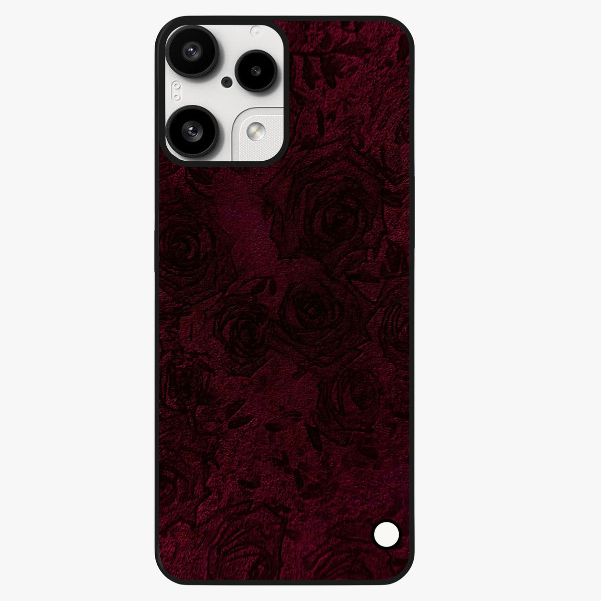 Crimson Fade Flow Glass Case showing flat back view with flowing crimson gradient artwork and glossy glass finish.