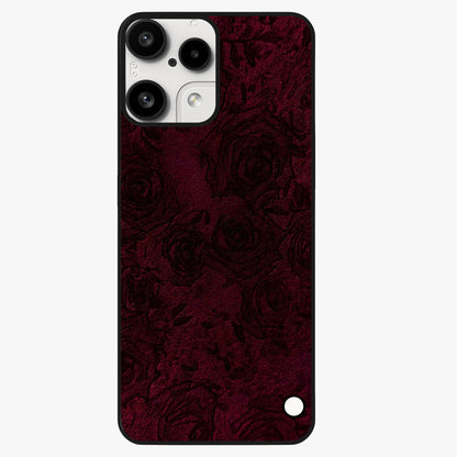 Crimson Fade Flow Glass Case showing flat back view with flowing crimson gradient artwork and glossy glass finish.
