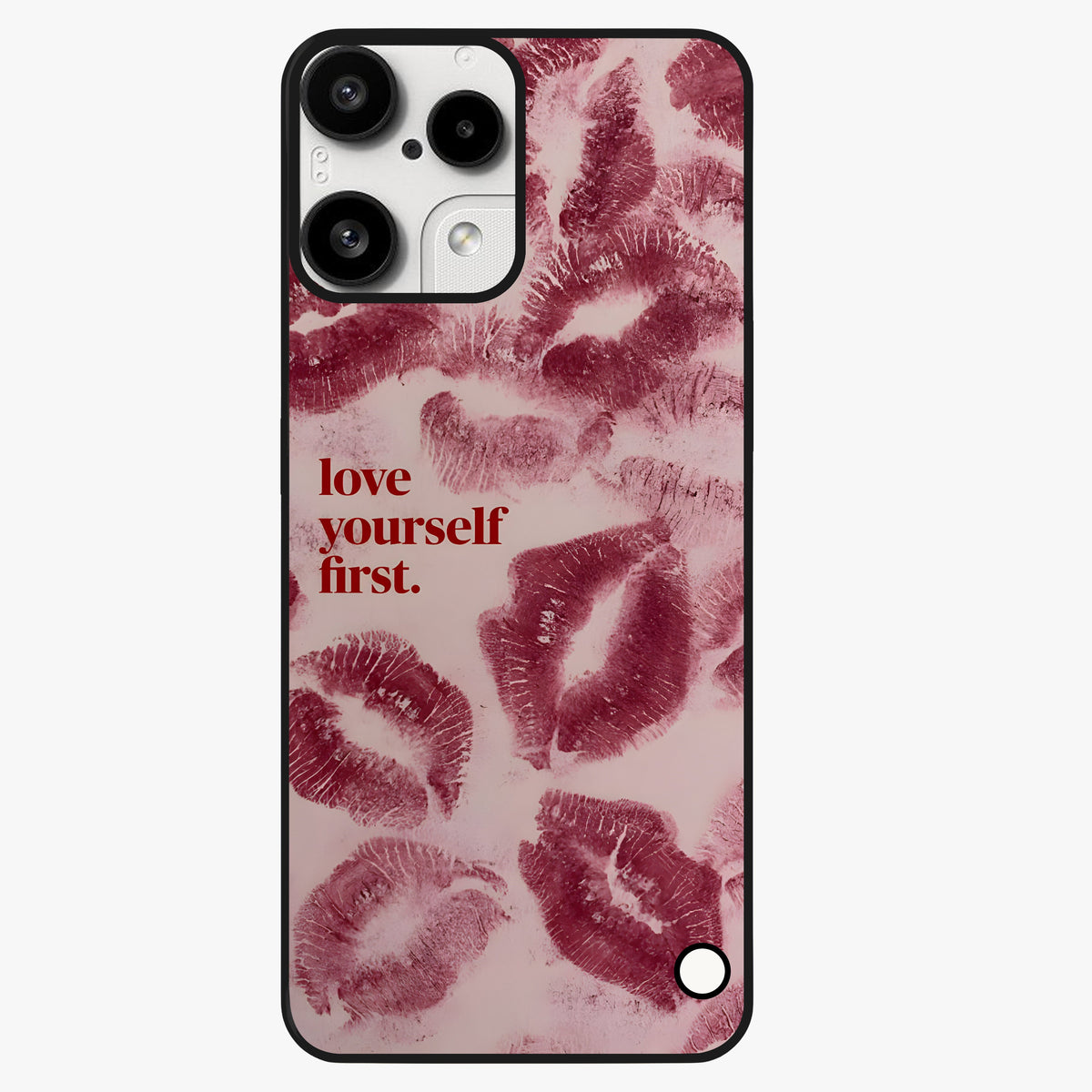 Crimson Kiss Love Glass Case showing flat back view with romantic crimson themed artwork and glossy glass finish.