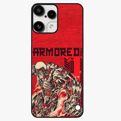 Crimson Mecha Titan Glass Case showing flat back view with powerful mech titan artwork and glossy glass finish.