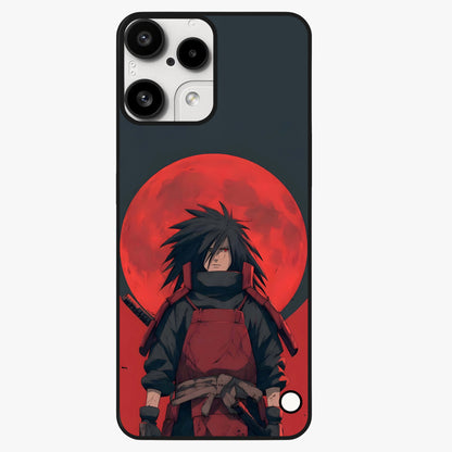Crimson Moon Warlord Glass Case showing flat back view with mystical moon warrior artwork and glossy glass finish.