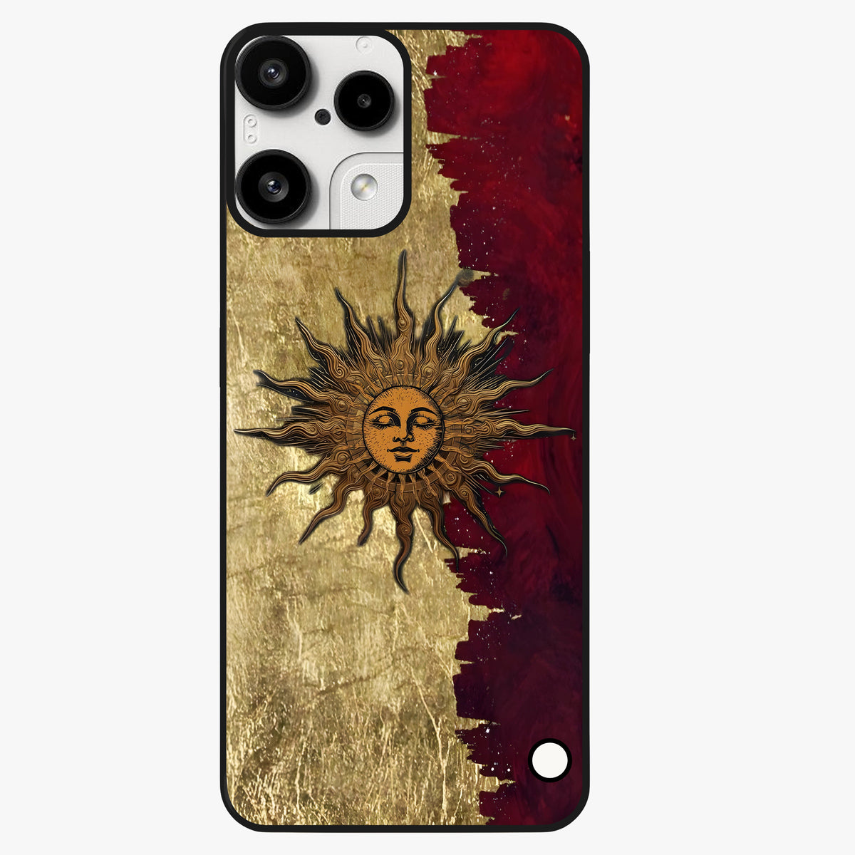 Crimson Sun Majesty Glass Case showing flat back view with radiant sun inspired artwork and glossy glass finish.